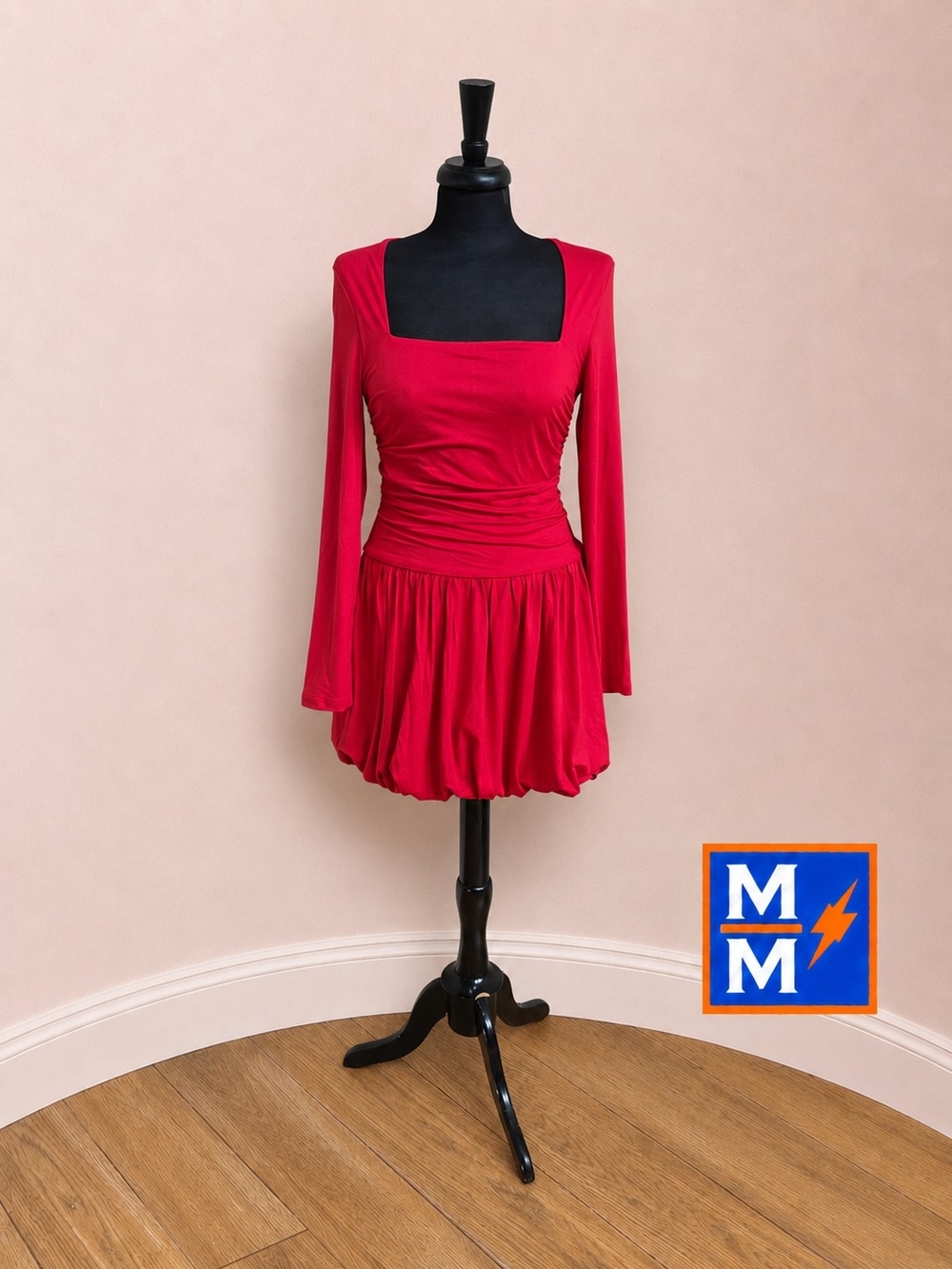 Floreya Bubble Hem Mini Dress M NWT Red Square Neck Long Sleeve Stretch